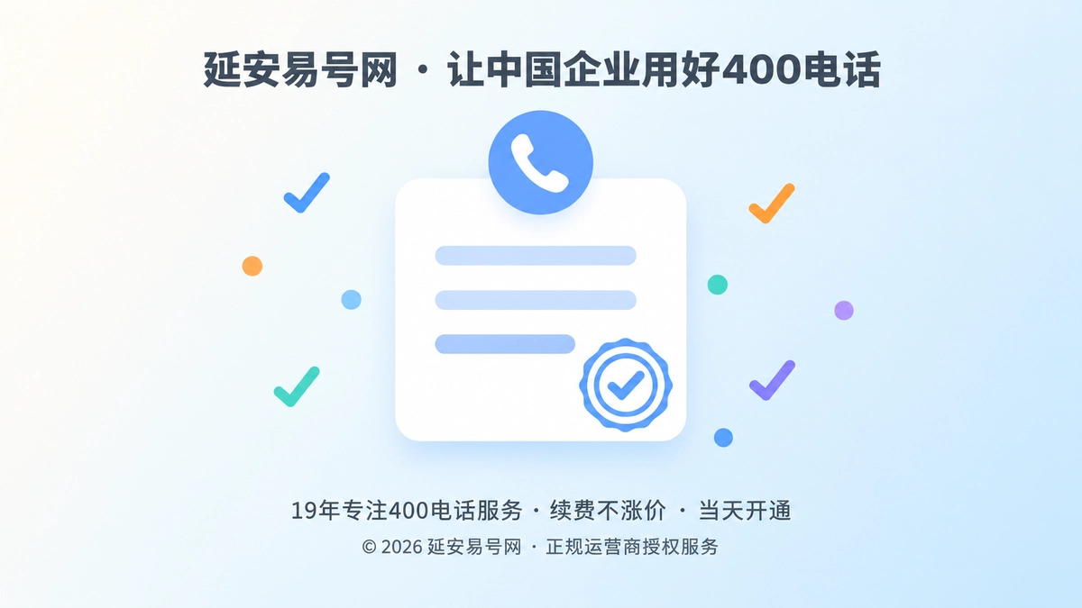 中央是写满条款的凭证卡片与电话听筒图标，四周多色几何元素点缀，代表延安易号网把400电话服务承诺做成可核验凭证